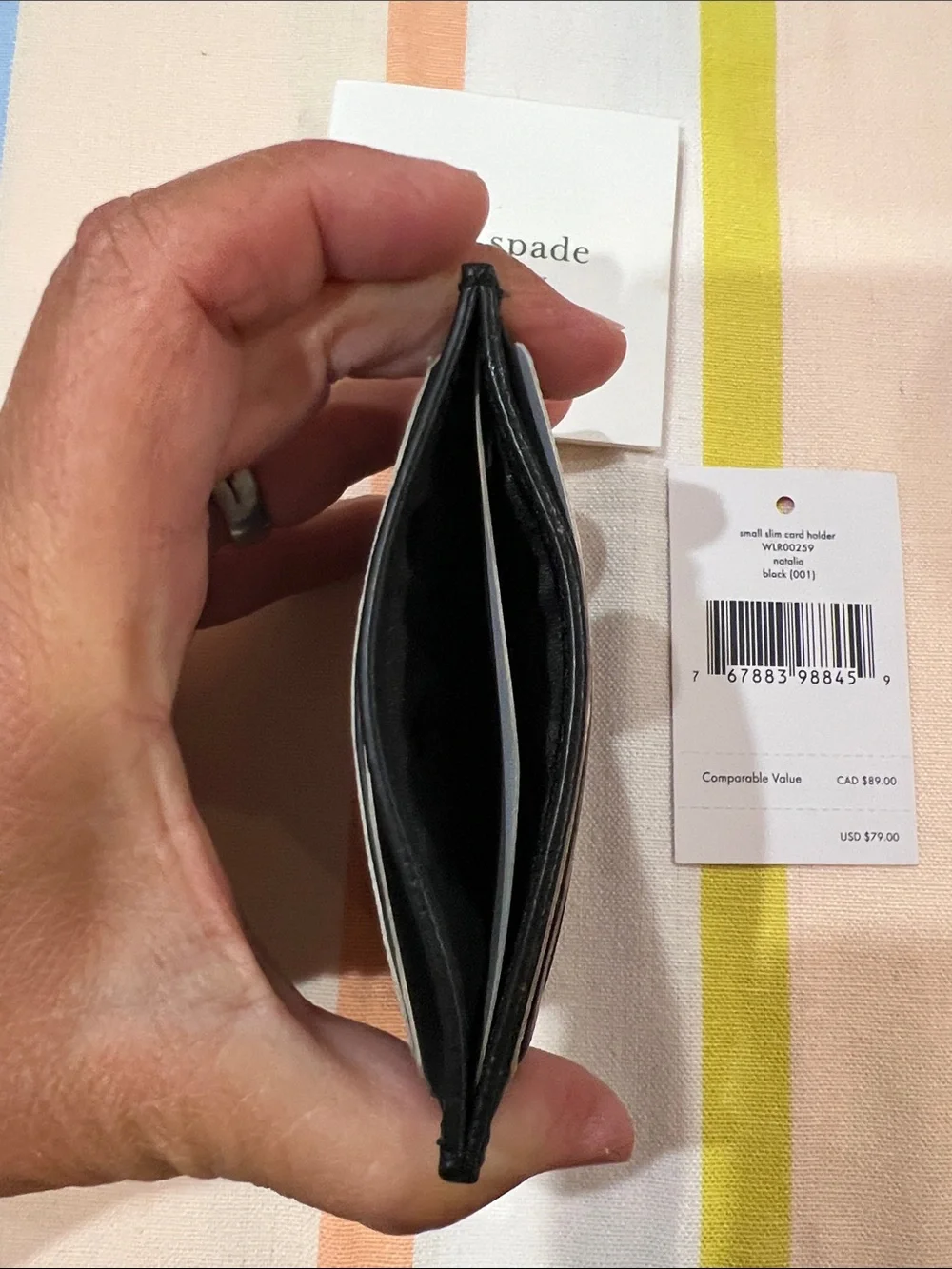kate spade Black Quilted Leather Slim Card Holder with Gold Logo